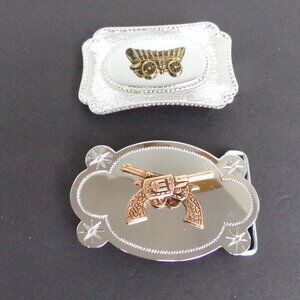 2 Belt Buckles Western Shiny Silver Copper Look Guns Covered Wagon 1 3/4''